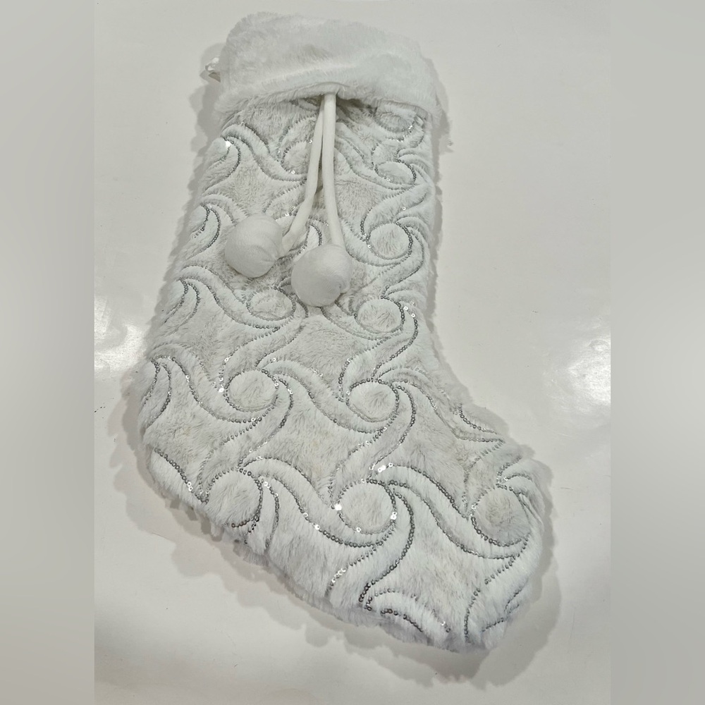 Jeffrey&James Holiday Decor Fluffy White With Silver Sequins Christmas Stocking